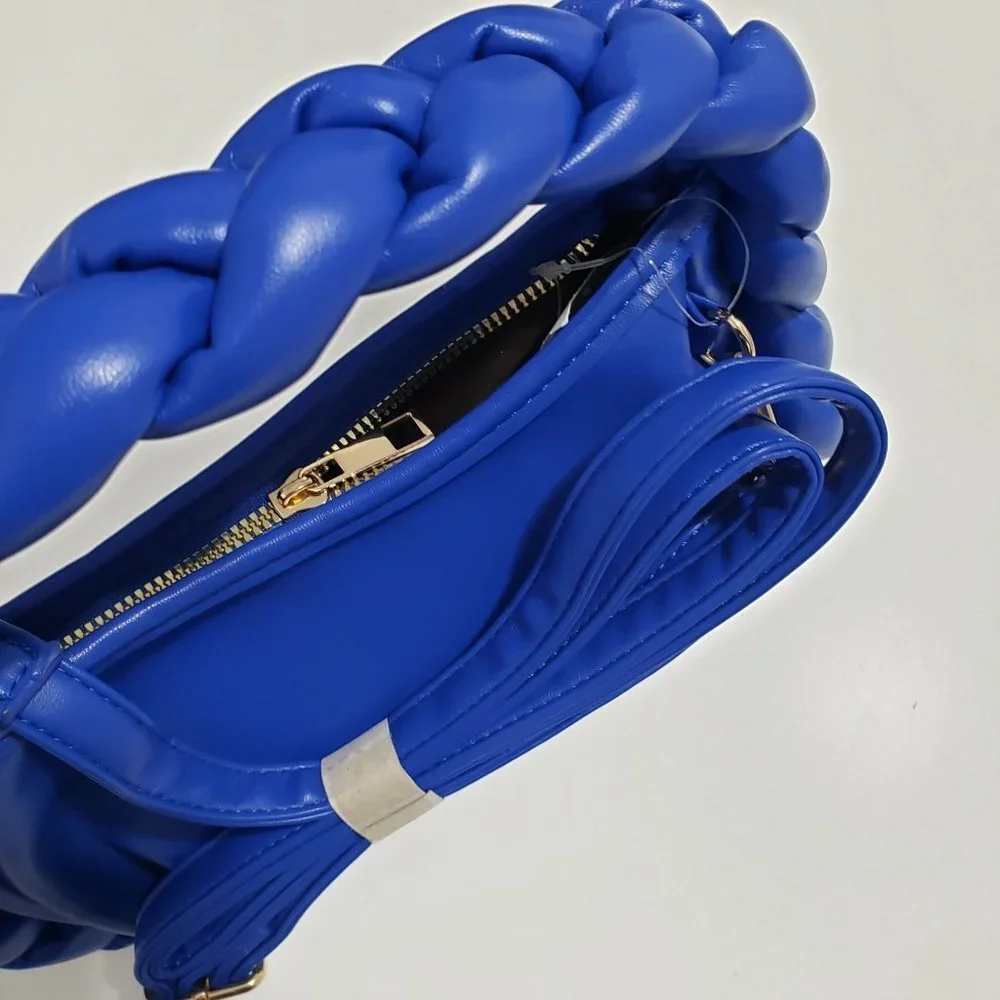 New Braided Handle Vegan Leather Hobo‎ Bag in Blue